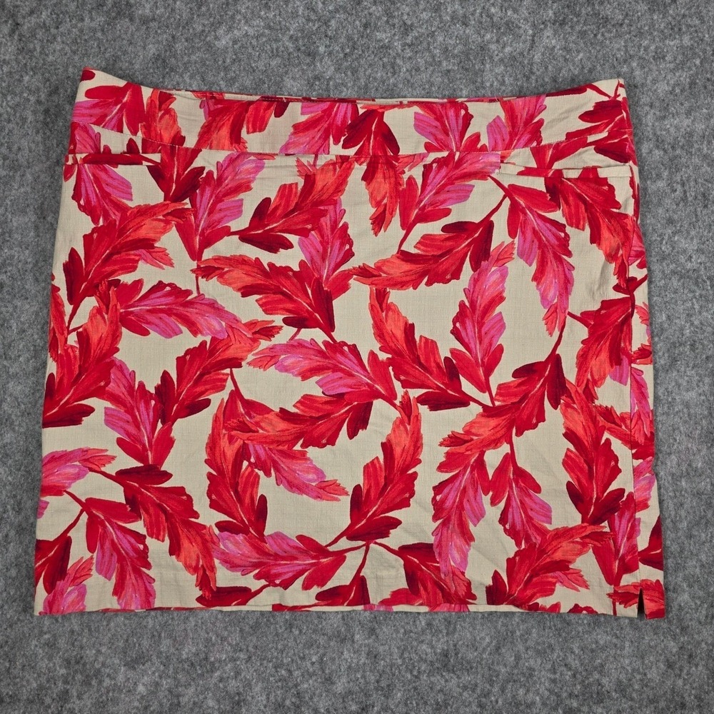 Chicos Brigitte Fiesta Foliage Skirt Skort 20 Tan Red Pink Tropical Leaf Feather